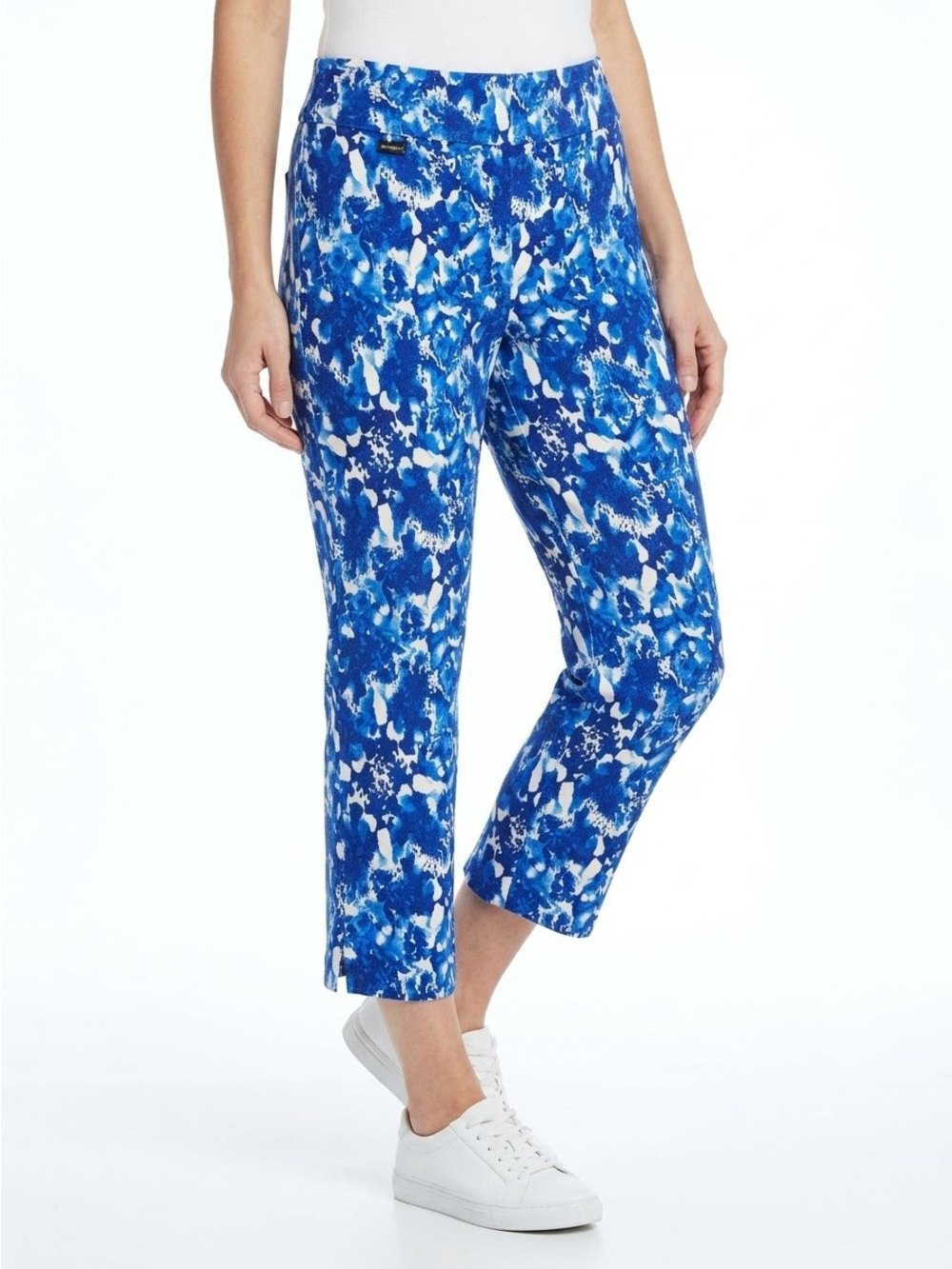 PECK & PECK Stretchy Pull-On Blue & White Abstract Cropped Ankle Ponte Pants LHP